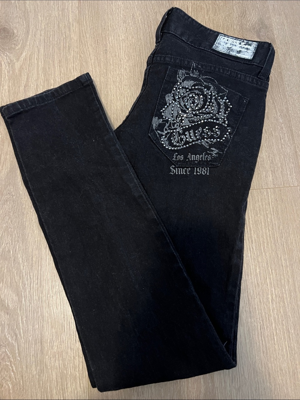 Guess Black Skinny Jeans with Embellished Rose Pocket